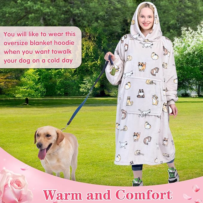 Waitu Wearable Blanket Sweatshirt Gifts for Women and Men, Warm and Cozy Giant Blanket Hoodie, Thick Flannel Blanket with Sleeves and Giant Pocket - Cat Gray