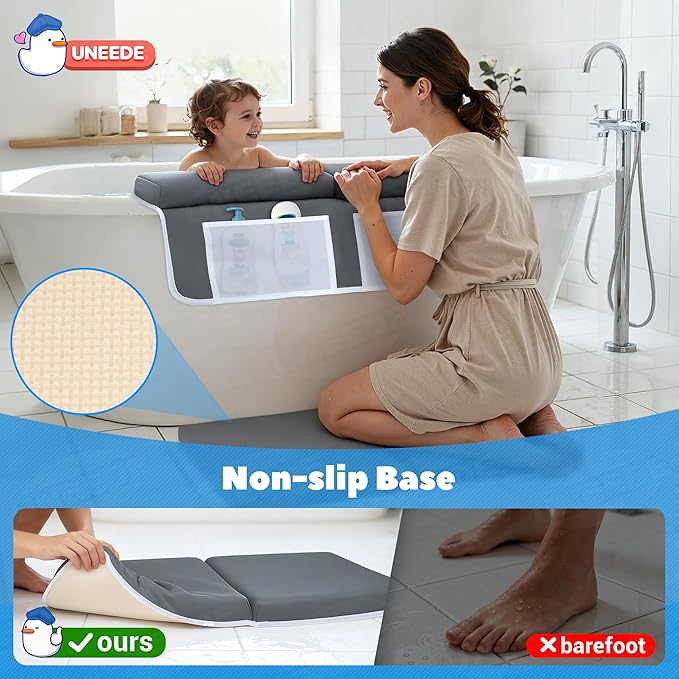 UNEEDE Baby Bath Kneeler and Elbow Rest Pad Set, 1.5” Thick Memory Foam Bath Kneeling Pad with Elbow Support, Bathtub Mat with Toy Organizer for Bathing Infant or Toddler, Grey
