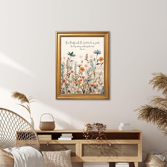 Framed Christian Scripture Wall Art Painting Give Thanks to the Lord Psalm 1361 Floral Print Inspirational Bible Verse Picture Poster Wildflower Faith Decor Canvas Artwork for Home Office 24x36inch