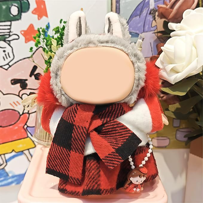 Winter 17cm Doll Clothes(NO Doll), Cute Christmas Red Grid Dolls Outfit Accessories with Headwear+Top+Skirt+Scarf Clothes Set for Dolls Christmas Clothes Set