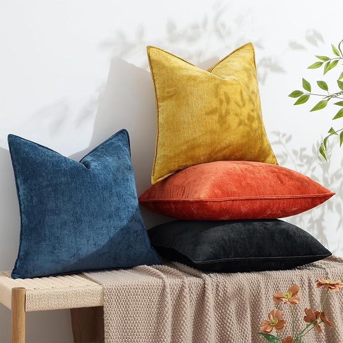decorUhome Chenille Black Velvet Throw Pillow Covers 18x18 Set of 2 | Fall Soft Couch Decorative Modern Farmhouse Pillow Cases with Elegant Design for Sofa Bed Living Room Home Decor