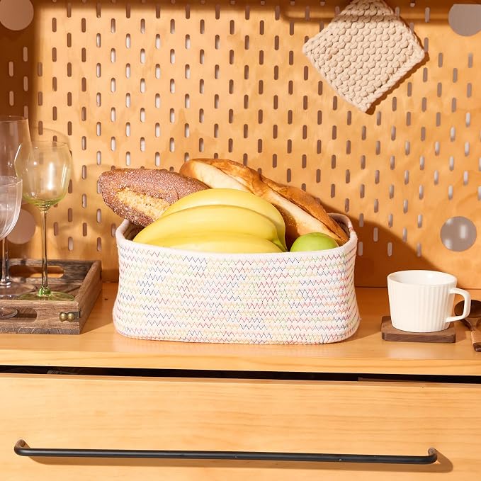MiniArk Small Storage Baskets for Organizing | Closet Organizer Bins | Shelf Toy Basket | Woven Rope Baskets | Cube Decorative Box | Shallow Basket | 11.5x7.5x4.7” | 3 Packs Rainbow