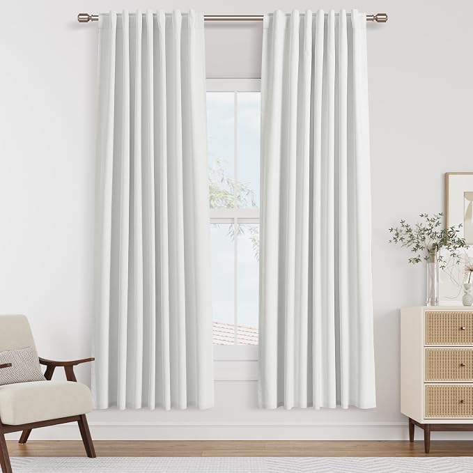 White 100% Blackout Linen Curtains 72 Inch Length 2 Panels Set for Living Room Bedroom Back Tab Thermal Insulated Black Out Drapes Room Darkening Farmhouse Style for Bedroom Window Curtains 52x72