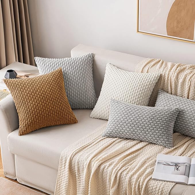 MIULEE Decorative Throw Pillow Covers 18x18 Light Coffee Textured Corduroy | Pack of 2 Striped Pillow Covers Modern Farmhouse Fall Home Decor for Couch Bed Sofa Living Room