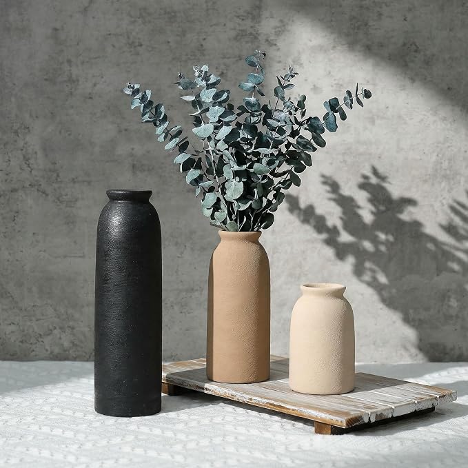 Ceramic Vase Set of 3, Small Flower Rustic Vase Home Decor Neutral Modern Farmhouse Boho Pampas Pottery Vases Decorative Centerpiece for Table Mantel Shelf Living Room Kitchen Bathroom