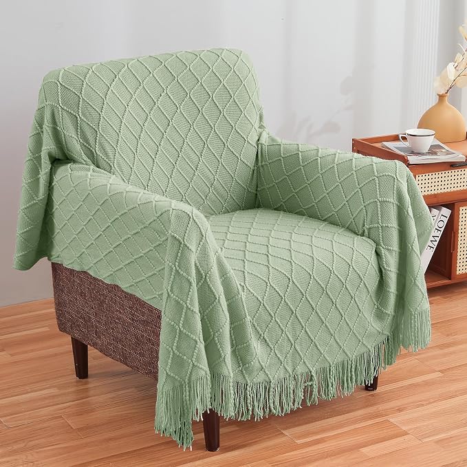 inhand Basil Green Knitted Throw Blanket for Couch and Bed, 60"x80" | Throws for Her or Him, Soft Farmhouse Woven Blanket, Tassel, Lightweight Decorative, Cozy Knit, Warm Living Room Home Decor