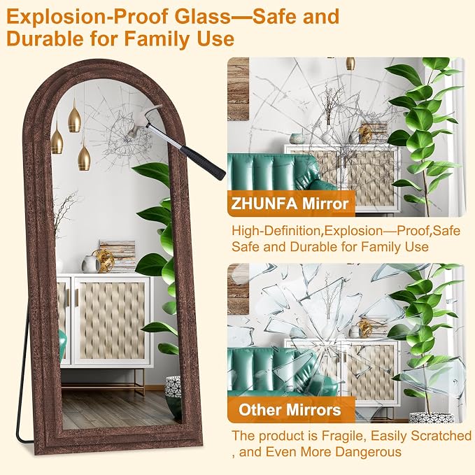 ZHUNFA External Three-Layer Arched Full Length Mirror with Solid Wood Frame | 71x32 Modern Farmhouse Decor Standing Mirror Full Length, Wall Mounted, Leaning, Standing for Bedroom, Living Room, Brown.