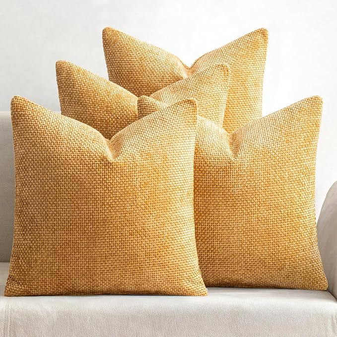 MIULEE Soft Decorative Chenille Pillow Covers Gold 20x20 Pack of 4 | Modern Home Decor, All Same Gold Color Set, Couch Throw Pillows, Farmhouse Boho Cushion Covers for Sofa Bed Living Room