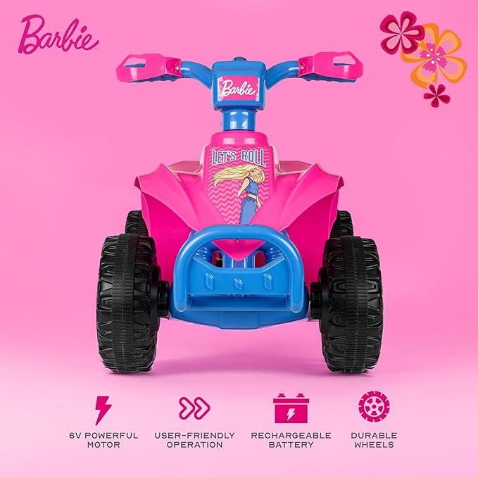 Barbie - 6V ATV Quad for Kids, Powerful and Safe Ride-On Toy with Rechargeable Battery, Forward and Reverse Driving, Max Weight Capacity of 55 LBS, Ages 2-3 Years