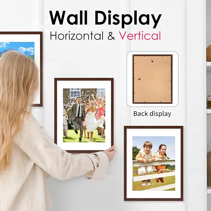 11x14 Picture Frame Set of 2, Photo Frame with HD Plexiglass, Display Pictures 8x10 with Mat or 11x14 Without Mat, Brown Picture Frames Collage Wall Decor, Gallery Wall Frame