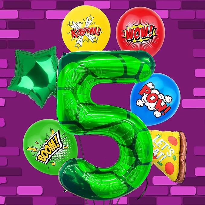 7Pcs Cartoon Turtle Theme Birthday Decorations 40 Inch Number 5 Foil Balloons Super Green Turtle Themed Hero Large Mylar 5th Number Balloon Video Game Pizza Balloons Party Favors Red