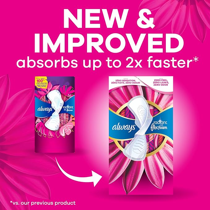 Always Radiant Feminine Pads for Women, Flexfoam Pads with Wings, Size 1, Regular Absorbency, Lightly Scented, 90 Count (3 Packs of 30)