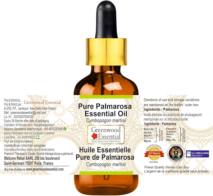 Greenwood Essential Pure Palmarosa Essential Oil (Cymbopogon martinii) with Glass Dropper Steam Distilled 50ml (1.69 oz)