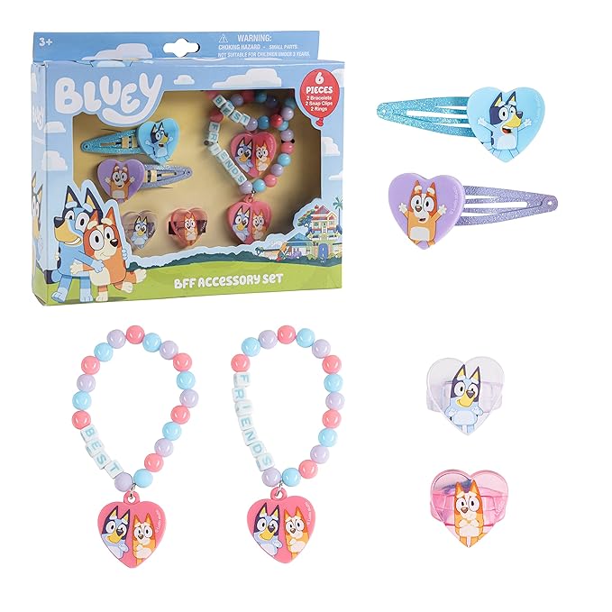 LUV HER Bluey Girls BFF 6 Piece Toy Jewelry Box Set with 2 Rings, 2 Bead Bracelets and Snap Hair Clips Ages 3+