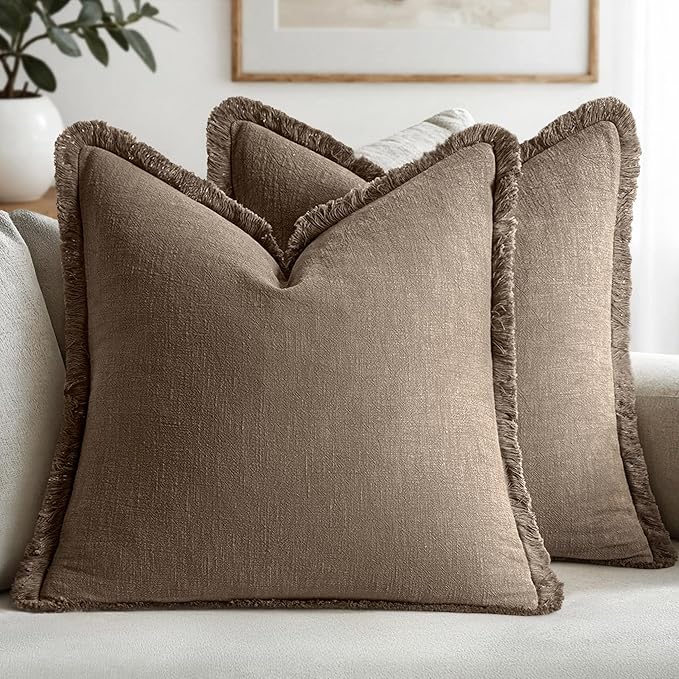 MIULEE Linen Fringe Decorative Fall Euro Pillow Covers Cocoa Brown 24x24 | Set of 2, Cottagecore Decor, Boho Farmhouse Neutral Throw Pillow Covers, Rustic Fall Couch Cushions for Sofa Bed Living Room