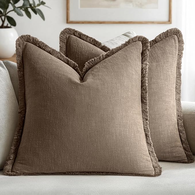 MIULEE Linen Fringe Decorative Fall Euro Pillow Covers Cocoa Brown 22x22 | Set of 2, Cottagecore Decor, Boho Farmhouse Neutral Throw Pillow Covers, Rustic Fall Couch Cushions for Sofa Bed Living Room