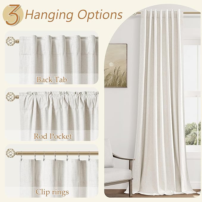 Beige White 100% Blackout Linen Curtains 80 Inch Length 2 Panels Set for Living Room Bedroom Back Tab Thermal Insulated Black Out Drapes Room Darkening Farmhouse Style for Bedroom Window Curtains