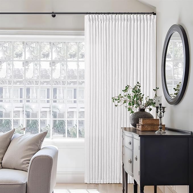 TWODRAPES Extra Wide 108 Inch Long Curtains 70 Inch Wide Pinch Pleat Linen Curtains for Living Room Bedroom Light Filtering Privacy Pleated Drapes Hooks Rings Back Tab for Sliding Door White 1 Panel