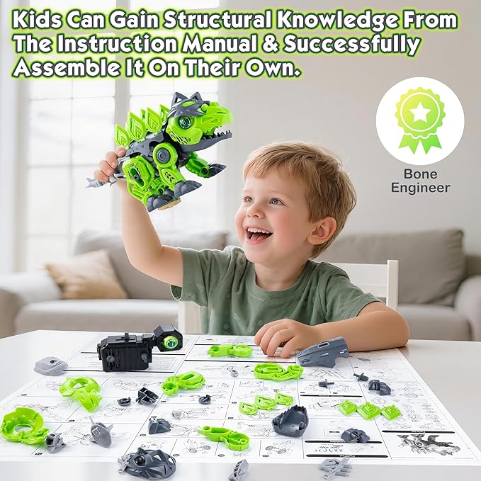 Electric Dinosaur Building Blocks, Self-Moving Stegosaurus with LED Glowing Eyes & Roar Sounds, STEM Learning Toys for Boys 6-8 Years, Educational Building Kit Gifts