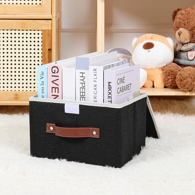 ANMINY Fabric Storage Box Bins with Lids, Black, 10"x8"x7" | Keepsake Memory Storage, Cotton Linen, PP Board Reinforced, Washable, PU Handles, Foldable & Stackable, Decorative, Small