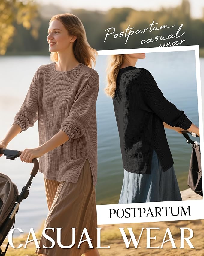 3 Pack Women's Maternity Shirts Long Sleeve Waffle Knit Side Split Oversized Tops Pregnancy Clothes Fall Tees