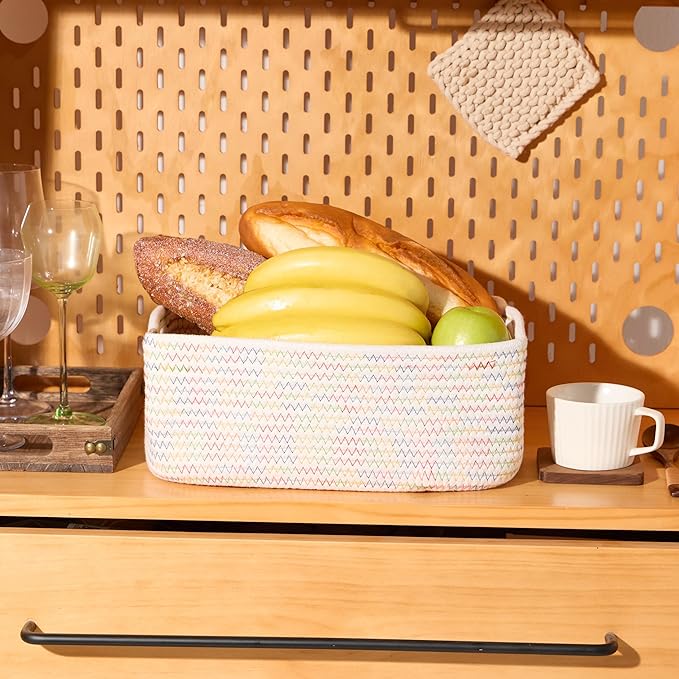 MiniArk Small Storage Baskets for Organizing | Closet Organizer Bins | Shelf Toy Basket | Woven Rope Baskets | Cube Decorative Box | Shallow Basket | 13x8.5x5.1” | 3 Packs Rainbow