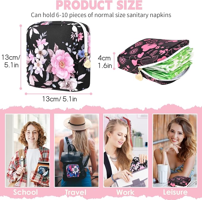 Period Bag for Girls Polyester Period Pouch Pad Bag First Period Kit for Teen Pads/Sanitary Napkins/Small Tampons, Feminine Hygiene Organizer for Women (Jungle Leaf)