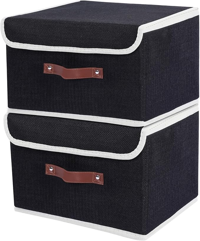 ANMINY Fabric Storage Box Bins with Lids, Black, 13"x9"x7.9", 2 Pack | Keepsake Memory Storage, Cotton Linen, PP Board Reinforced, Washable, PU Handles, Foldable & Stackable, Decorative, Medium