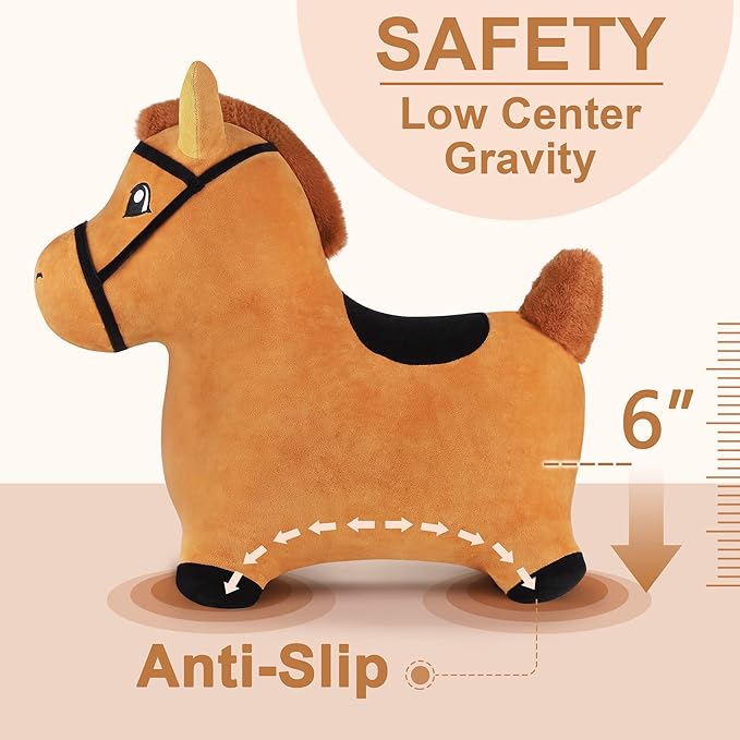 iPlay, iLearn Bouncy Pals Brown Hopping Horse, Toddler Plush Animal Hopper Toy, Kids Inflatable Ride on Bouncer W/Pump, Indoor Outdoor Jumper, Birthday Gifts for 18 24 Months 2 3 Year Old Boys Girls