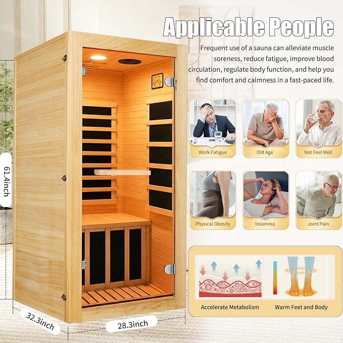 Infrared Sauna 1 Person Far Infrared Sauna Indoor Home Dry Sauna | Wood Low EMF for Home Gym Spa with Speakers & 10 Color Lights for Women Men Elder Compact Size 32.3 * 28.3 * 61.4"