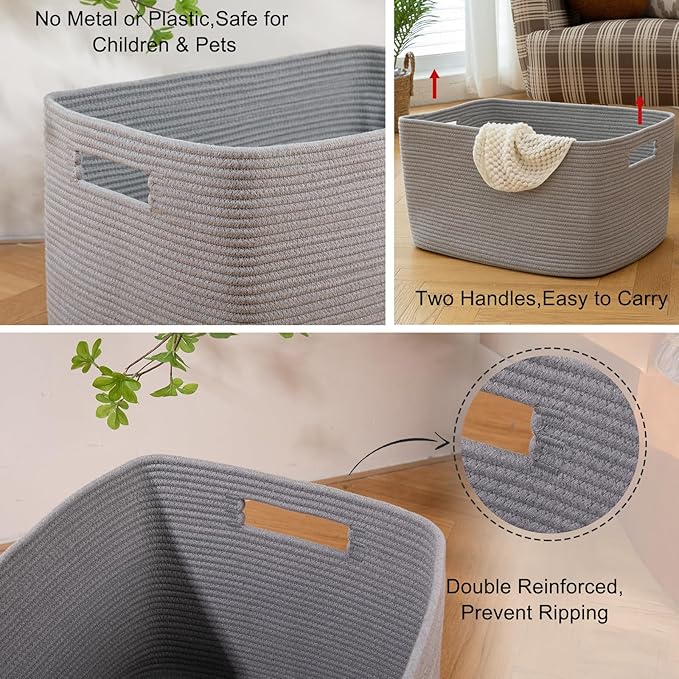 OIAHOMY XXLarge Rectangle Blanket Basket-96L, Cotton Woven Basket for Storage, Dirty Clothes Basket for Living Room, Nursery, Bedroom, Toy Organizing with Handle, 24" x 16" x 15", Grey