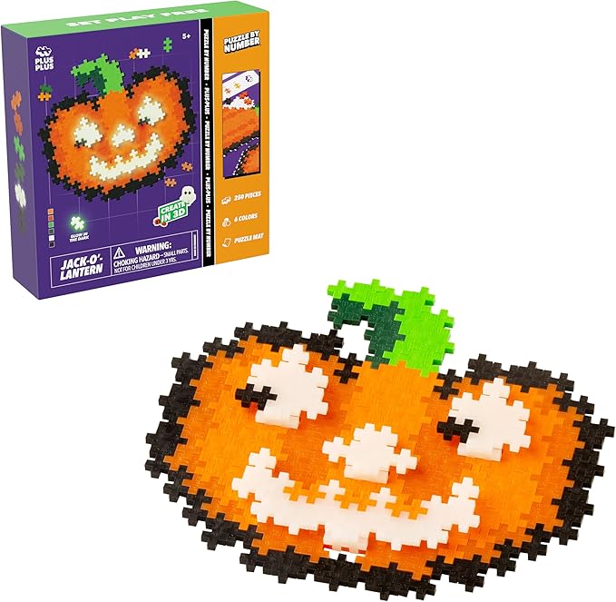 PLUS PLUS Puzzle by Number, 250 Piece Mini Interlocking Hashtag Color Blocks, 3D Pixel Art Kit for Kids - Jack-o'-Lantern