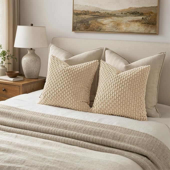 MIULEE Decorative Throw Pillow Covers 18x18 Beige Textured Corduroy | Pack of 2 Striped Pillow Covers Modern Farmhouse Home Decor for Couch Bed Sofa Living Room