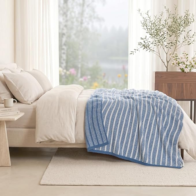 Snuggle Sac Ultra Soft Blue Throw Blanket for Couch, Reversible Cozy Knitted Ribbed Blankets, Fuzzy Knit Striped Throws for Sofa, Bed, Home Decor, Blue 50"x60"