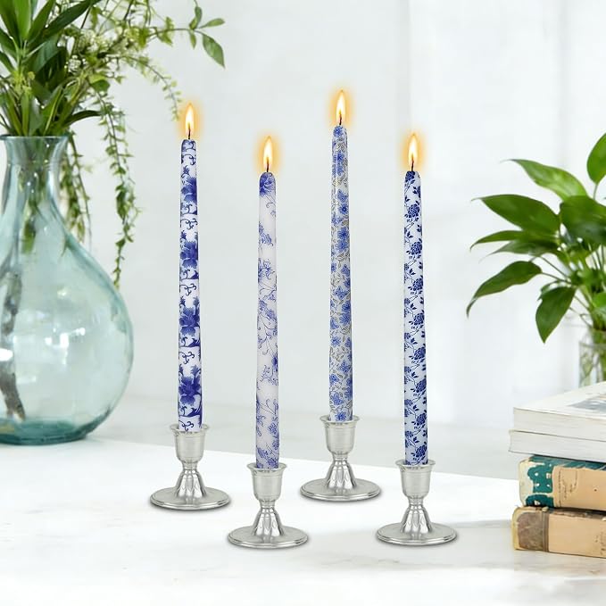 10 inche Floral Candle Sticks Printed Candlestick 4 Pack Blue and White Porcelain Unscented Taper Candle Long Blue Flower Tapered Candles for Home Dinner Wedding Holiday