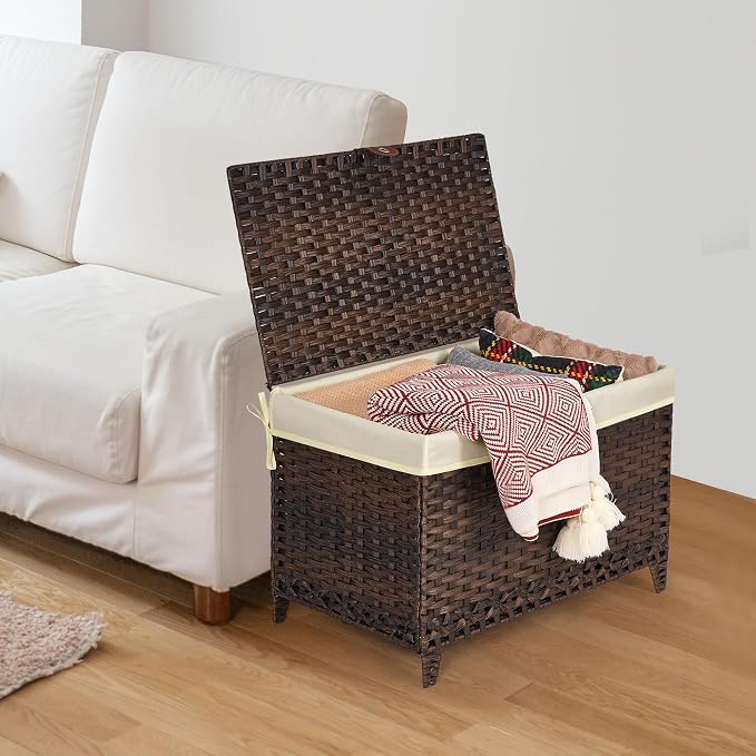 Wicker Storage Basket with Lid, 160L Shelf Basket with Removable Liner Bag | Rattan-Inspired Woven Design, Elevated Feet, Storage Trunk for Wardrobe, Bedroom & Home Organization