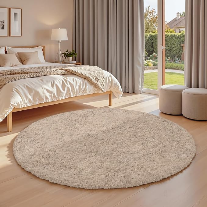 Beige Round Fluffy Rug 6ft,Soft Bedroom Circle Rugs Mats for Kids Girls Nursery Room,Washable Plush Shaggy Indoor Non Slip Rug for Bedside Living Room Bedroom Circular Carpet,Home Decor Aesthetic