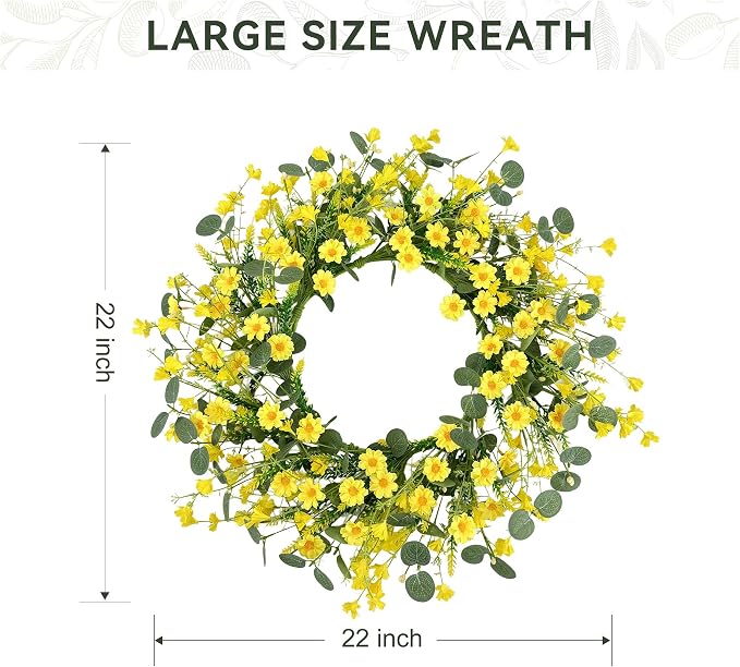 Pinkpum 22" Daisy Eucalyptus Wreath for Front Door, Artificial Spring Summer Floral Wreath for Front Door, Home Farmhouse Wedding Wall Window Decor