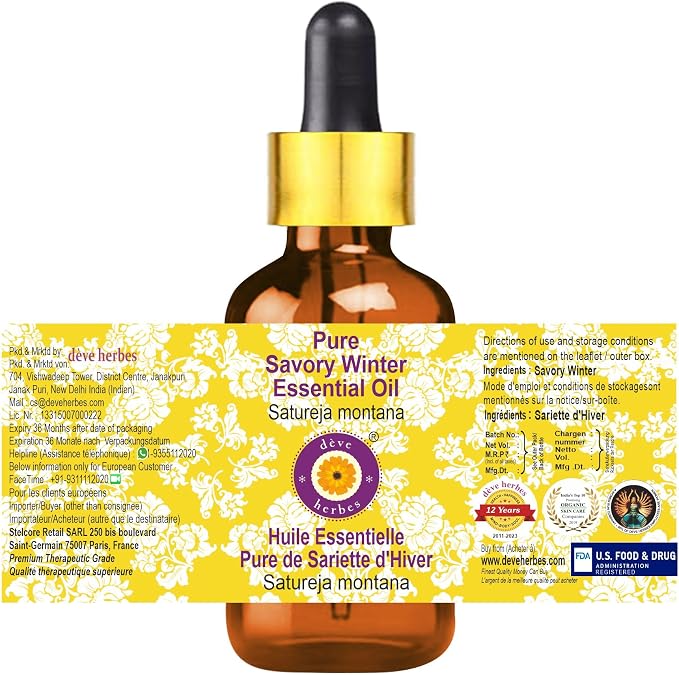 dève herbes Savory Winter Essential Oil (Satureja Montana) with Glass Dropper | Pure | Non-Sticky | Non-Greasy | Lightweight | Men & Women | All Skin Types | Steam Distilled 30ml (1 oz)