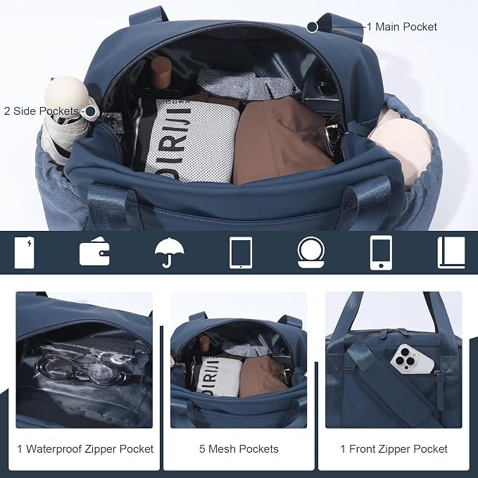 Bucosd Small Gym Bag for Women, Mini Crossbody Gym Duffle Bag with Wet Compartment, Carry on Gym Tote Bag for Workout Dance Sport Travel (Medium-Blue)