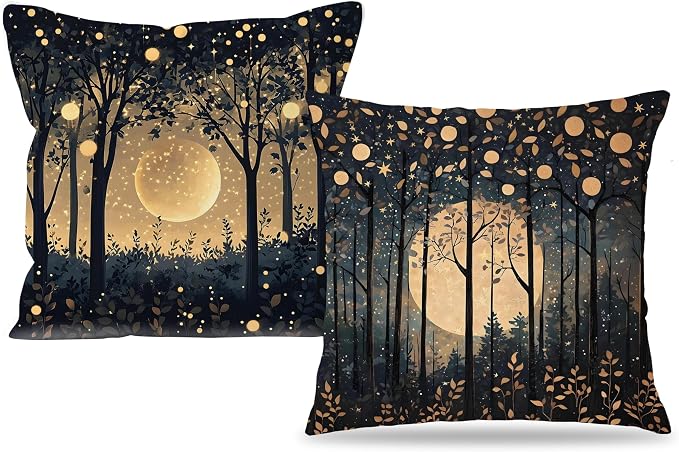 Rustic William Morris Inspired Gold Moon Pillow Covers 18x18 Set of 2,Vintage Black and Gold Moon Forest Botanical Nature Landscape Decorative Throw Pillow Covers for Home Bedroom Living Room