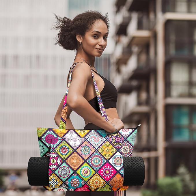 Yoga Bag for Women, Large Canvas Yoga Mat Tote Bag with Yoga Mat Carrier - Large Mat Pocket Fitness Tote for Pilates, Gym, Travel, Office & Beach