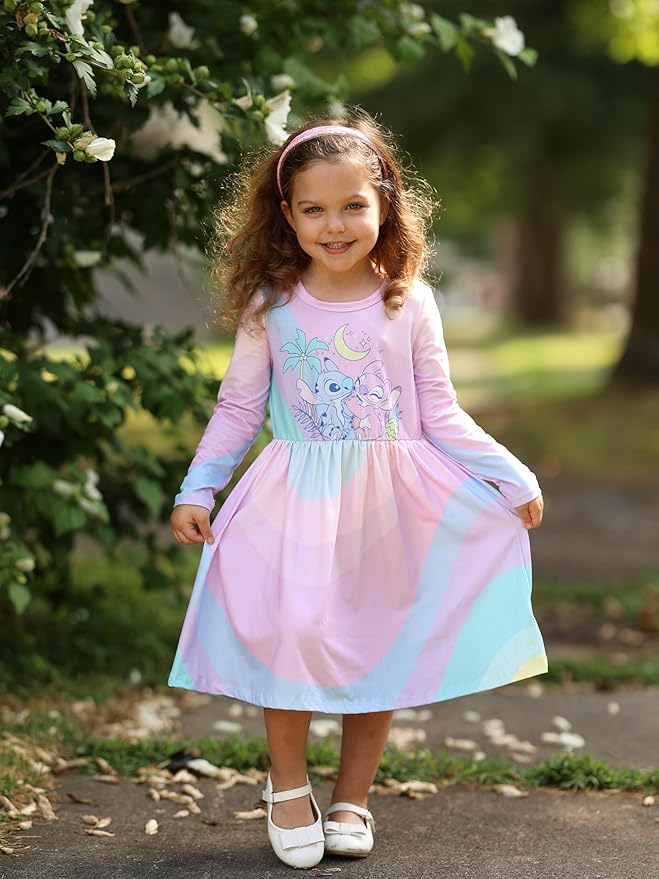 Disney Frozen Elsa Stitch Princess Minnie Mouse Toddler Girl Dresses 2 Pack Ruffle Long Sleeve Dress Set (3 Months - 6 Years)