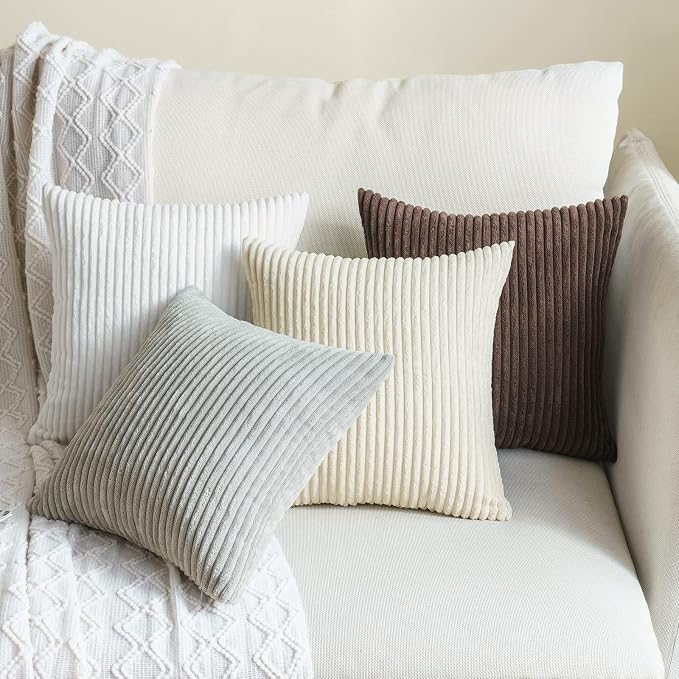 MIULEE Decorative Corduroy Throw Pillow Covers Set of 2 16x16 Pure White | Soft Striped Textured Cushion Cases, Boho Square Pillowcases Neutral Home Decor, for Couch Chair Sofa Bed Living Room