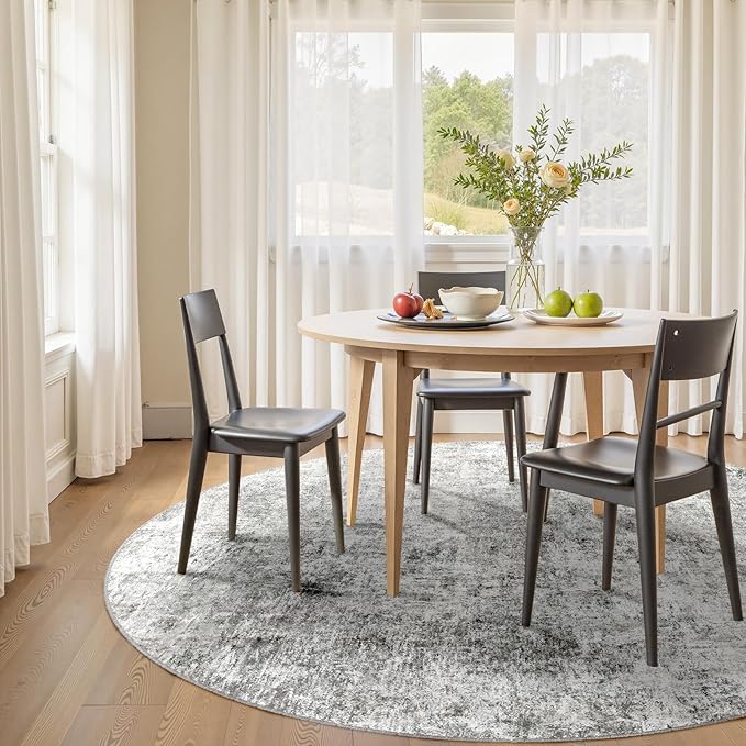 RELEANY Washable Round 6ft Area Rug for Living Room Gray White | carpet for bedroom, kitchen, office, hallway and entryway, printed pattern, non-slip, soft, stain-resistant, easy to clean
