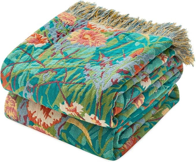 LUTBM Cotton Boho Blanket for Bed, Queen Soft Lightweight Reversible Quilt | 90"x90" Floral Embroidery Blankets, All-Season Bedspread, For Chair Sofa Couch Bedroom Living Room Decor, Breathable Gauze