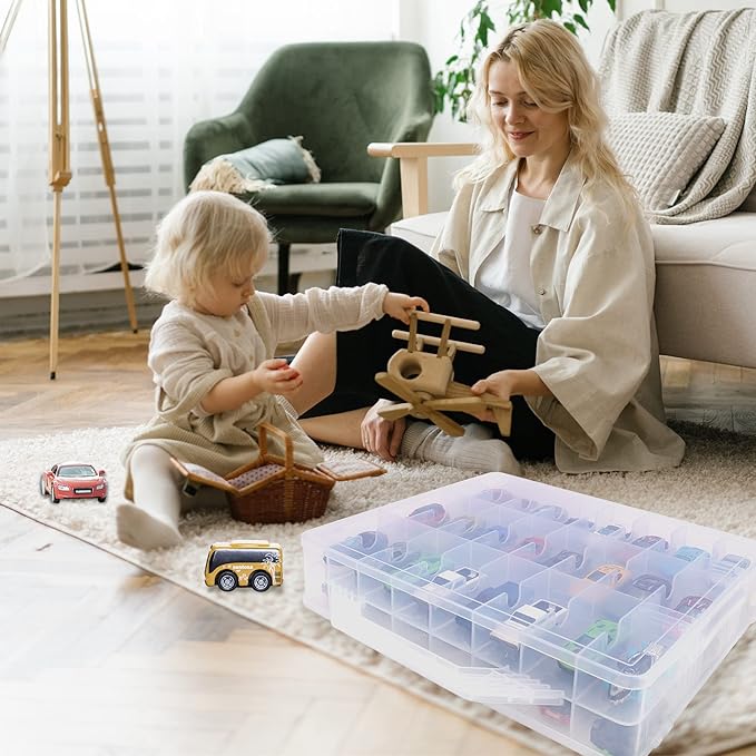 Double Sided Toy Car & Doll Storage Case - 48 Compartments, Portable Transparent Case