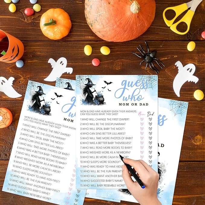 Hilarious Baby Shower Games, 25 Sets Halloween Who Mom or Dad, Blue Witch Gender Reveal Party Game Cards for Announcement Supplies - B01