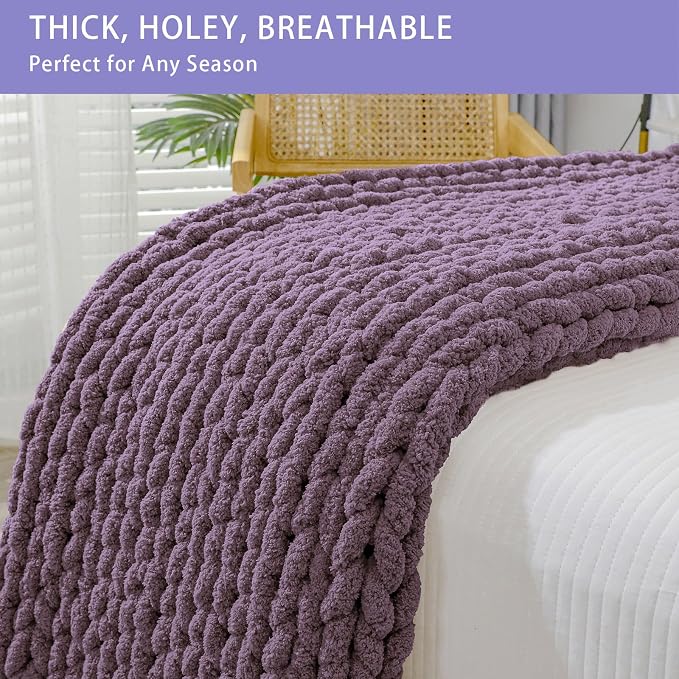 Bigacogo Chunky Knit Throw Blanket for Couch, 40x60 inches, Winter Grape | Hand Knit with Jumbo Chenille, Soft Breathable Cable Knit for Sofa Bed Living Room, Machine Washable, Gift for Mom Friend