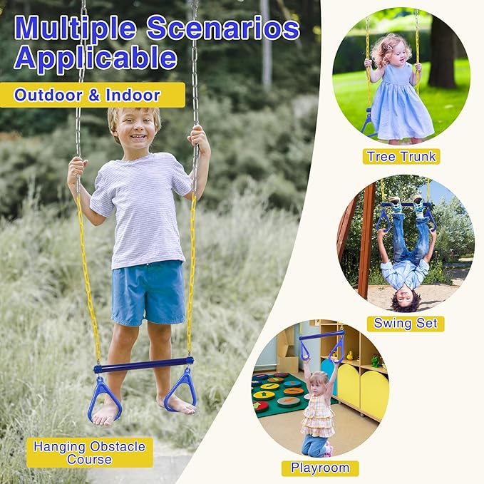 REDCAMP Outdoor Kids Swingset, Trapeze Swing Bar and Climbing Rope with Heavy Duty Coated Chains and Carabiners, Backyard Playground Accessories (Blue)